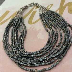 Elegant Silver Blue Metal Square Beaded Multiple Strand Necklace
